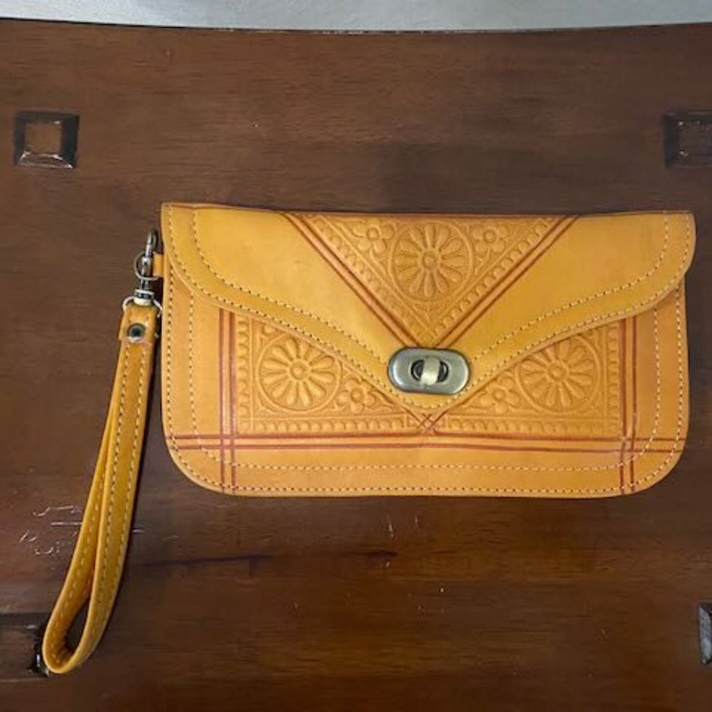 Moroccan yellow leather wristlet